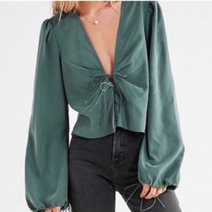 UO Emerald Green Front Tie Balloon Sleeve Top M